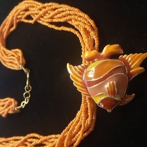 Koi fish pendant necklace twisted seed bead 18 inch collar / choker .